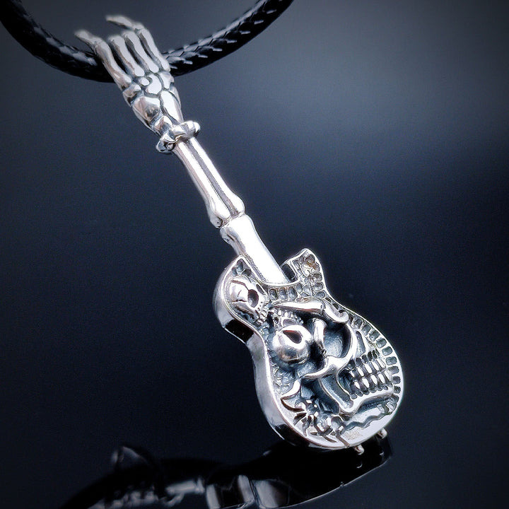 [1040] Retro Design S925 Sterling Silver Skeleton Guitar Pendant with Chain - Taffu Craft Studio