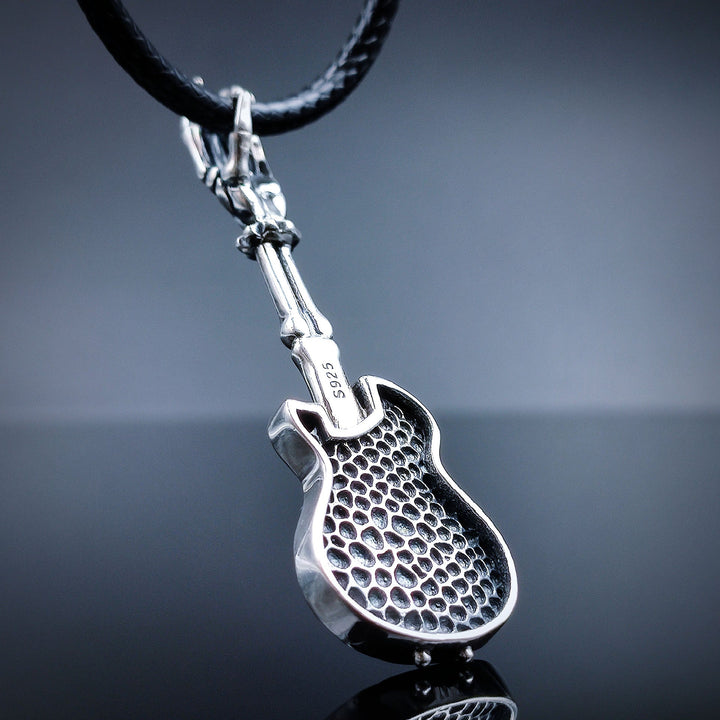 [1040] Retro Design S925 Sterling Silver Skeleton Guitar Pendant with Chain - Taffu Craft Studio