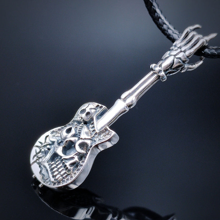 [1040] Retro Design S925 Sterling Silver Skeleton Guitar Pendant with Chain - Taffu Craft Studio