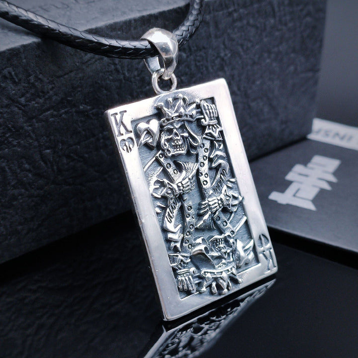 [1042] Retro Design S925 Sterling Silver Poker King Pendant with Chain - Taffu Craft Studio