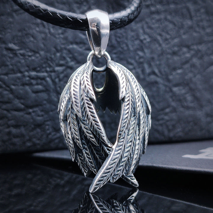 [1048] Protective Retro S925 Sterling Silver Angels Wing Pendant with Chain - Taffu Craft Studio